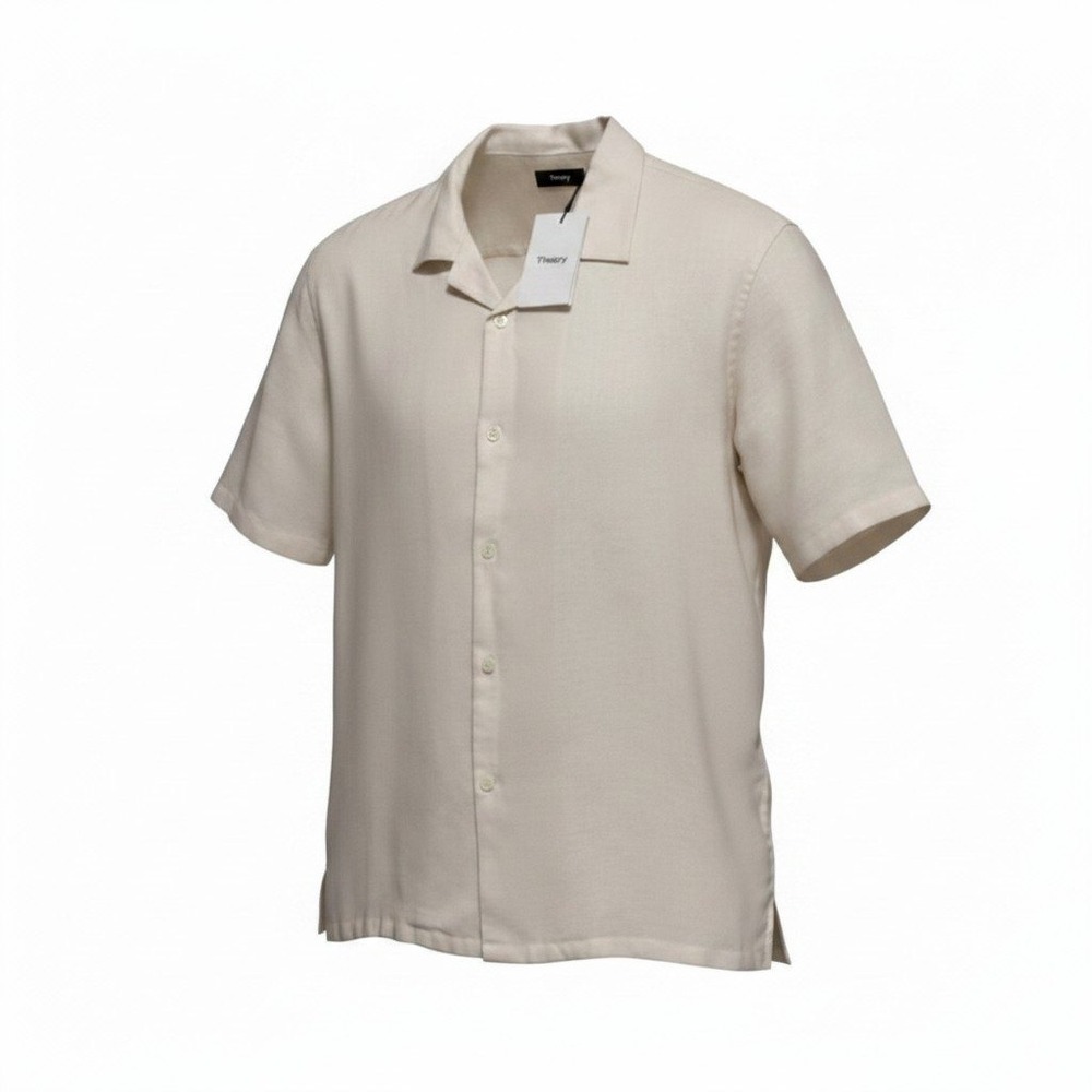 Theory Daze Shirt Men Large Ivory Linen Short Sleeve Camp Collar Button Down